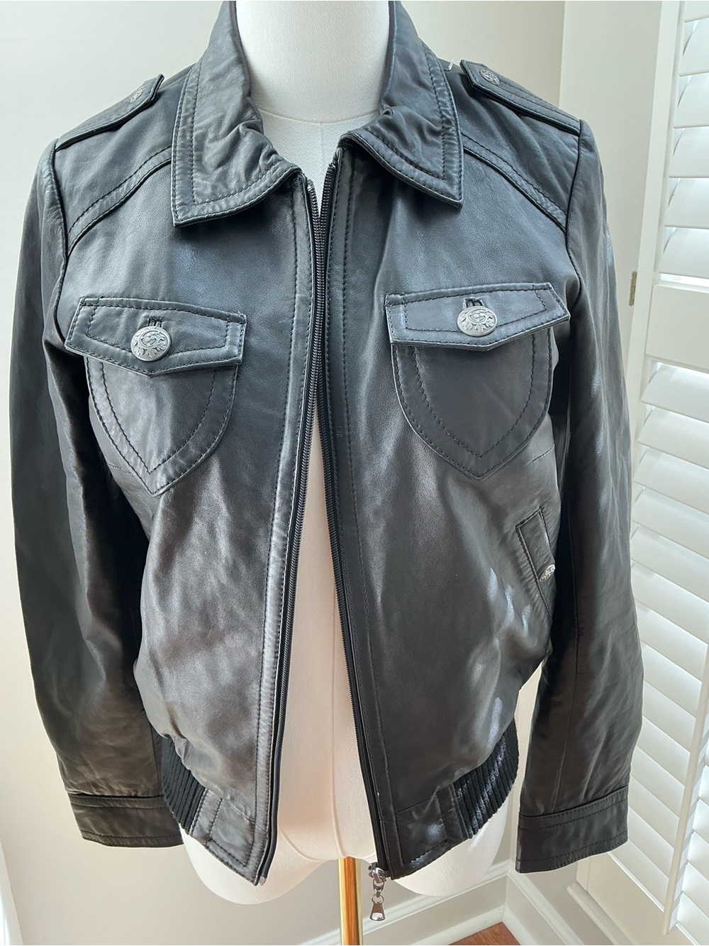 Rocco Tuscani Black Leather Bomber Jacket, Purple Removable Liner, Small